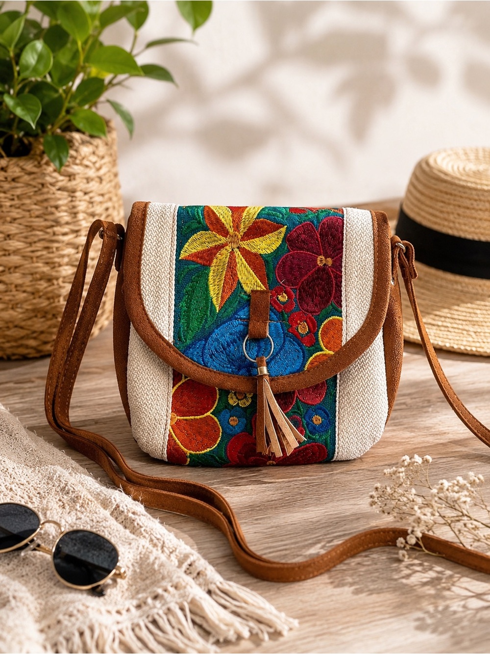 Boho Guatemalan Embroidered Crossbody Bag Colorful Floral Artisan Purse